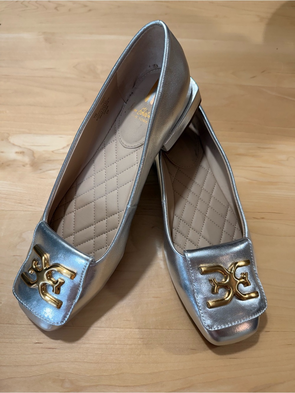 Sam Edelman Silver Metallic Logo Square-Toe Ballet Flats